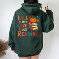 Fall In Love With Reading Autumn Thanksgiving Teacher Women Oversized Hoodie Back Print Navy Blue