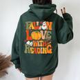 Fall In Love With Reading Book Autumn Pumpkins And Teachers Women Oversized Hoodie Back Print Navy Blue