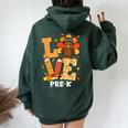 Thanksgiving Love Pre-K Teacher Turkey Autumn Fall Women Oversized Hoodie Back Print Navy Blue
