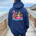Bigfoot Chilling On Flamingo Float With Beer Fun Summer Vibe Women Oversized Hoodie Back Print Navy Blue