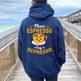 More Espresso Less Depresso Coffee Felpa con cappuccio oversize da donna con stampa posteriore Navy Blue