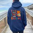Fall In Love With Reading Autumn Thanksgiving Teacher Women Oversized Hoodie Back Print Navy Blue