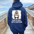 Gen X Girl 1972 Edition Blonde Messy Bun Birthday Women Oversized Hoodie Back Print Navy Blue