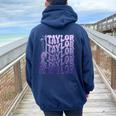 Girl Retro Taylor First Name Personalized Groovy 80'S Purple Women Oversized Hoodie Back Print Navy Blue