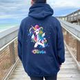 Olivia Nome Personalized Custom Rainbow Unicorn Dabbing Felpa con cappuccio oversize da donna con stampa posteriore Navy Blue