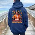 Make Thanksgiving Great Again Autumn Fall Leaves Trump Women Oversized Hoodie Back Print Navy Blue