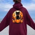 Retro Black Cat Pumpkin Halloween Costume Fall Autumn Season Women Oversized Hoodie Back Print Maroon