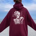 Skeleton Messy Bun Coffee Halloween Coffee Lover Mom Women Oversized Hoodie Back Print Maroon