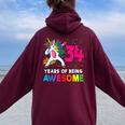 Unicorno Regalo Di Compleanno Per Donne Di 34 Anni Felpa con cappuccio oversize da donna con stampa posteriore Maroon