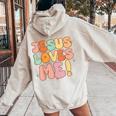 Boys Jesus Loves Me- Groovy Toddler Girl Kid Christian Women Oversized Hoodie Back Print Sand