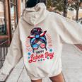 Happy Labor Day Labor Day Messy Bun Usa Flag Women Oversized Hoodie Back Print Sand