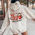Meowy Christmas Cute Cats And Coffee Merry Xmas Graphic Women Oversized Hoodie Back Print Sand
