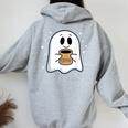 Coffee Lovers Cute Ghost Drinking Coffee Halloween Women Oversized Hoodie Back Print Sport Grey
