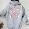 Cute Ghost Florals Pink Coquette Bows Pumpkin Halloween Girl Women Oversized Hoodie Back Print Sport Grey