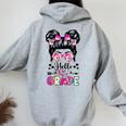 Hello First 1St Grade Messy Bun First Day Of School Girls Women Oversized Hoodie Back Print Sport Grey