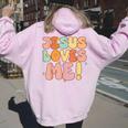 Boys Jesus Loves Me- Groovy Toddler Girl Kid Christian Women Oversized Hoodie Back Print Light Pink
