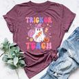 Trick Or Teach Groovy Halloween Floral Ghost Teacher Bella Canvas T-shirt Heather Maroon