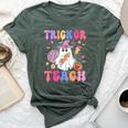 Trick Or Teach Groovy Halloween Floral Ghost Teacher Bella Canvas T-shirt Heather Forest