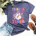 Trick Or Teach Groovy Halloween Floral Ghost Teacher Bella Canvas T-shirt Heather Navy