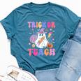 Trick Or Teach Groovy Halloween Floral Ghost Teacher Bella Canvas T-shirt Heather Deep Teal