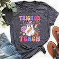 Trick Or Teach Groovy Halloween Floral Ghost Teacher Bella Canvas T-shirt Heather Dark Grey