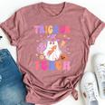 Trick Or Teach Groovy Halloween Floral Ghost Teacher Bella Canvas T-shirt Heather Mauve