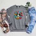 Peace Love Groovy Peace Sign Sponge Fleece Raglan Crewneck Sweatshirt Deep Heather