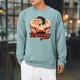 Muscle Mommy Retro Weightlifting And Bodybuilding Gym Mom Sponge Fleece Raglan Crewneck Sweatshirt Heather Blue Lagoon