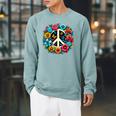 Peace Love Groovy Peace Sign Sponge Fleece Raglan Crewneck Sweatshirt Heather Blue Lagoon