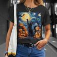 Halloween Cat Van Gogh Starry Night Pumpkin Women T-Shirt Gifts for Her