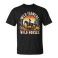 Sunset Cowgirl Riding Horse Wild Flowers Wild Horses T-Shirt