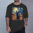 Halloween Cat Van Gogh Starry Night Pumpkin Women T-Shirt Gifts for Him