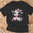 Awesome Black & White Cow Holding Heart Pink Coquette Bow T-Shirt Gifts for Old Men