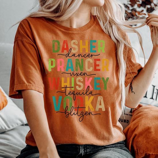 Women's Dasher Dancer Vodka Tequila Print T-Shirt - Casual Short Sleeve Blouse, Loose Fit - View #4