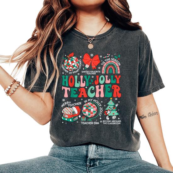 Women's Holly Jolly Teacher Christmas Shirt – Short Sleeve Graphic Tee With Christmas Tree Print, Holiday Gift Top