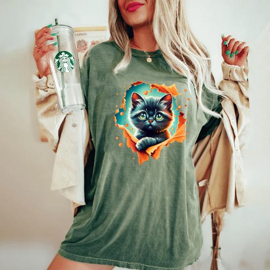 T-Shirt Femme Halloween - Chat Et Squelette Câlins - Design Mignon Et Effrayant, Col En V - Pour Amoureux Des Chats