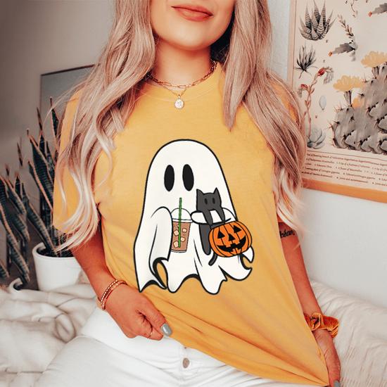 Cute Ghost Cat Iced Coffee Spooky Season Halloween Costume Women s Oversized Comfort T Shirt Monsterry