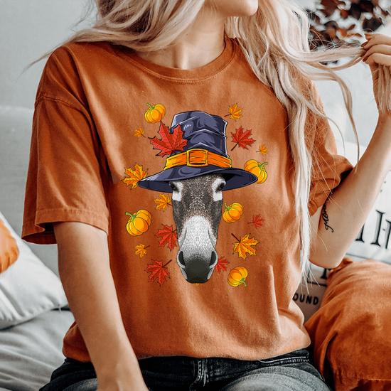 Thanksgiving Donkey Pilgrim Costume Fall Autumn Women's Oversized Comfort T-Shirt | Monsterry