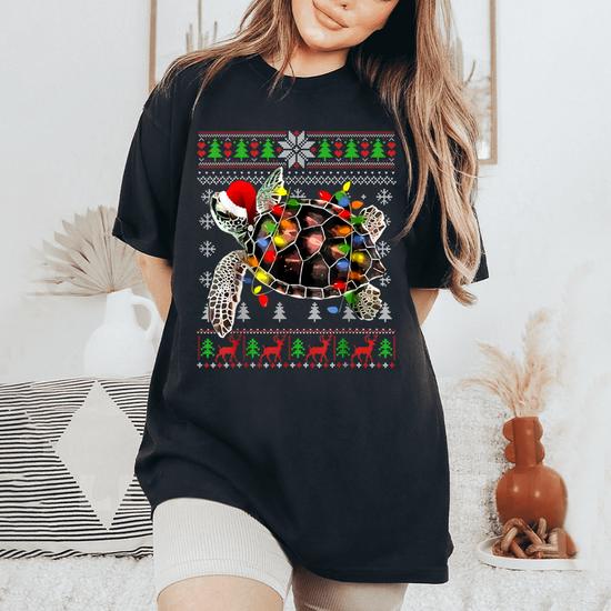 Ugly Christmas Sweater With Sea Turtle Lights Santa Hat Women s Oversized Comfort T Shirt Thegiftio UK