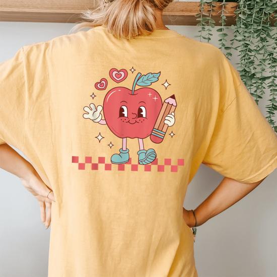 Cute Retro Checkered Apple With Face Teacher Pencil Trendy Women's