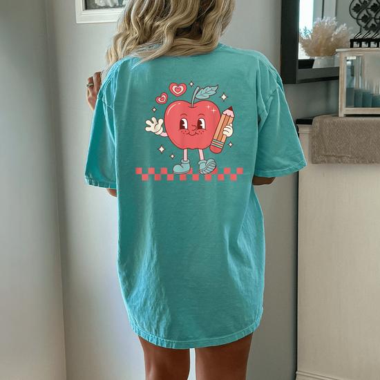 Cute Retro Checkered Apple With Face Teacher Pencil Trendy Women's