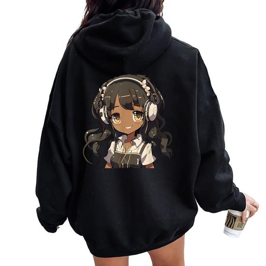Anime And Music Black Girl Anime Merch Afro African American Women  Oversized Hoodie Back Print | Seseable UK