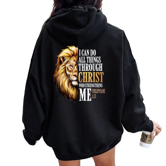 Christian Lion Faith I Can Do All Things Through Christ Women Oversized Hoodie Back Print Thegiftio UK