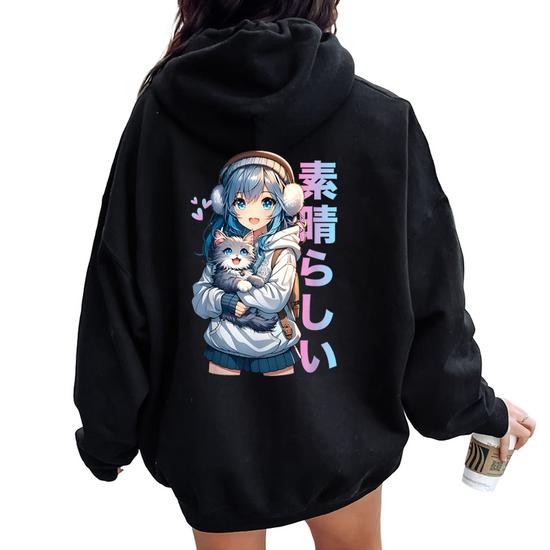 Cute Anime Girl With A Cat For Cat Lover Kawaii Otaku Manga Women Oversized Hoodie Back Print Seseable UK