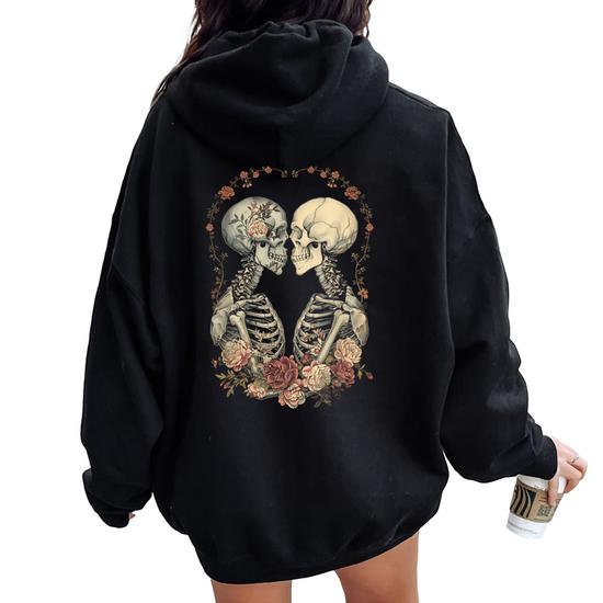 Love Skulls Floral Women Oversized Hoodie Back Print Thegiftio UK