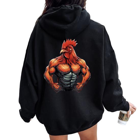 Muscular Chicken Powerlifting Weightlifting Gym Workout Women Oversized Hoodie Back Print Monsterry