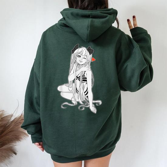 Women's Y2K Anime Hoodie - Kawaii Japanese Harajuku Cute Fox Print Sweatshirt Pullover (Black, Medium)