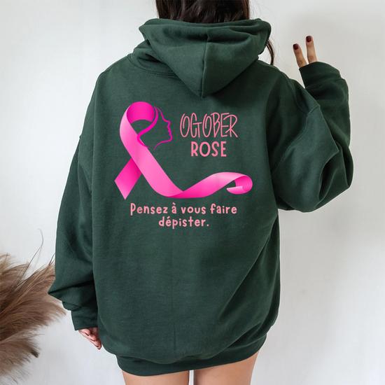 Sweat à Capuche Octobre Rose Pour Femme - Zippé, Col Rond, Poche - Taille Oversize - Soutien Contre Le Cancer Du Sein
