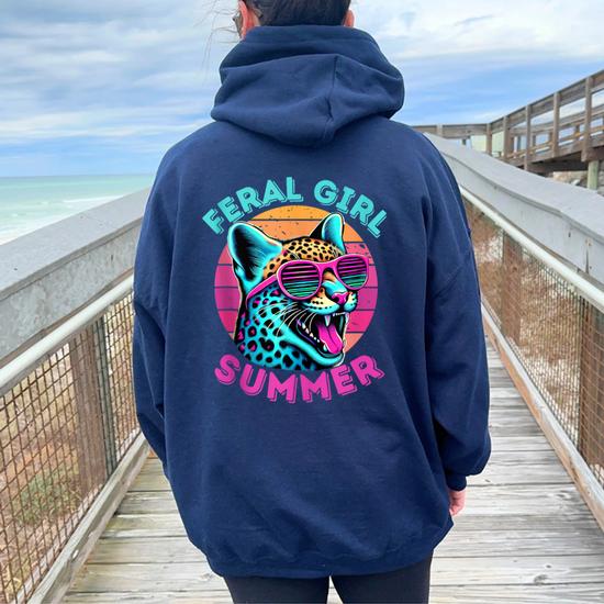 Feral Girl Summer Cheetah Cat Retro Vintage Girls Women Oversized Hoodie Back Print Monsterry