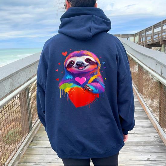 Sloth Colorful Sloth Heart Graphic Women Oversized Hoodie Back Print Seseable UK